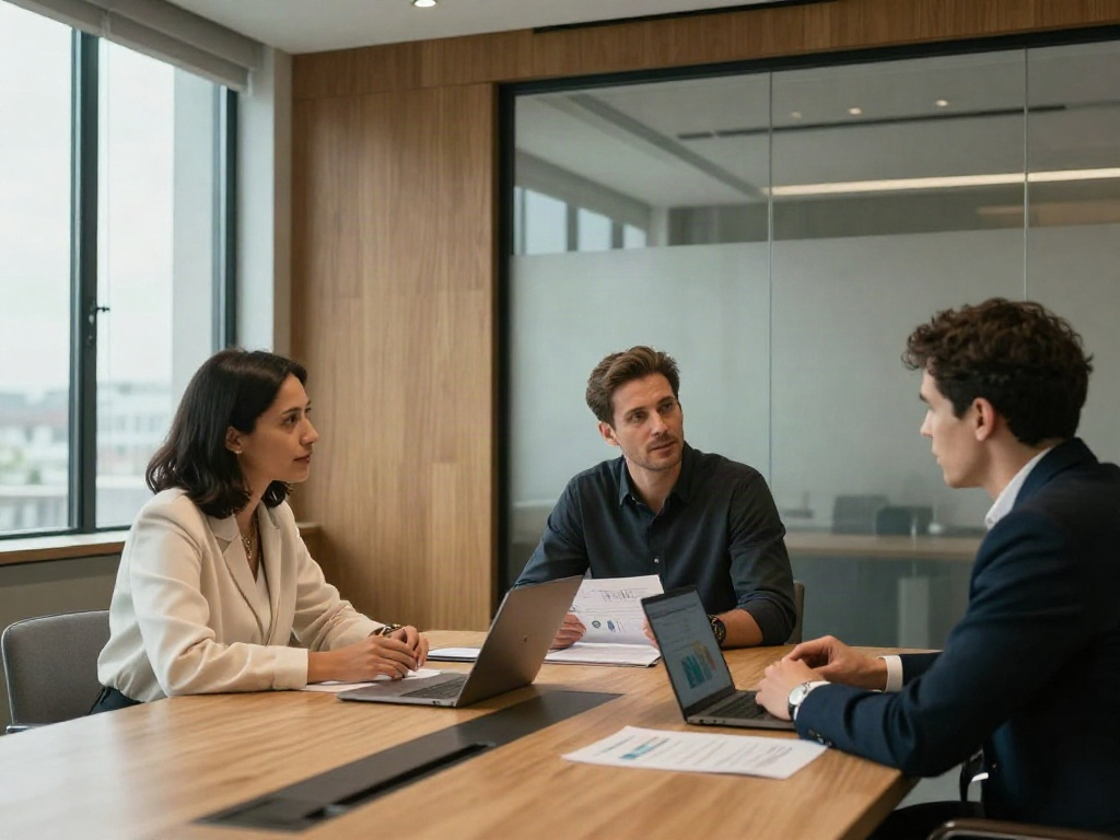 Business professionals collaboratively reviewing charts and strategic priorities around a conference table
